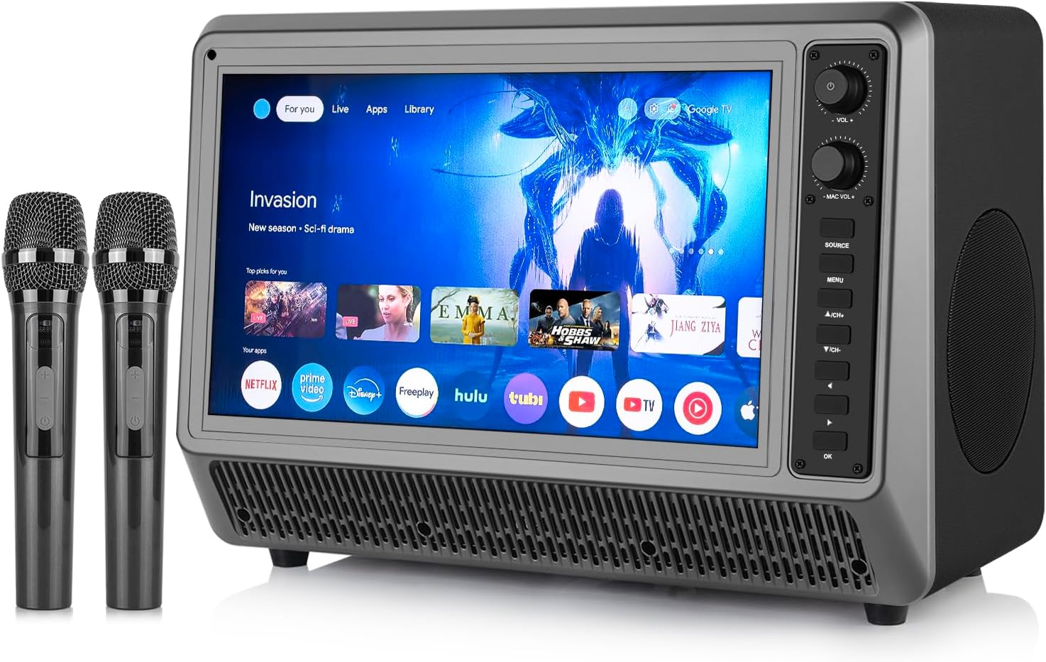 Feihe 15.6 inch Small Smart TV with Speaker System, Loud Portable Bluetooth Speaker Design Retro Smart Television, Karaoke Wireless Microphones, Support HDMI/AUX/USB for Home Party Camping