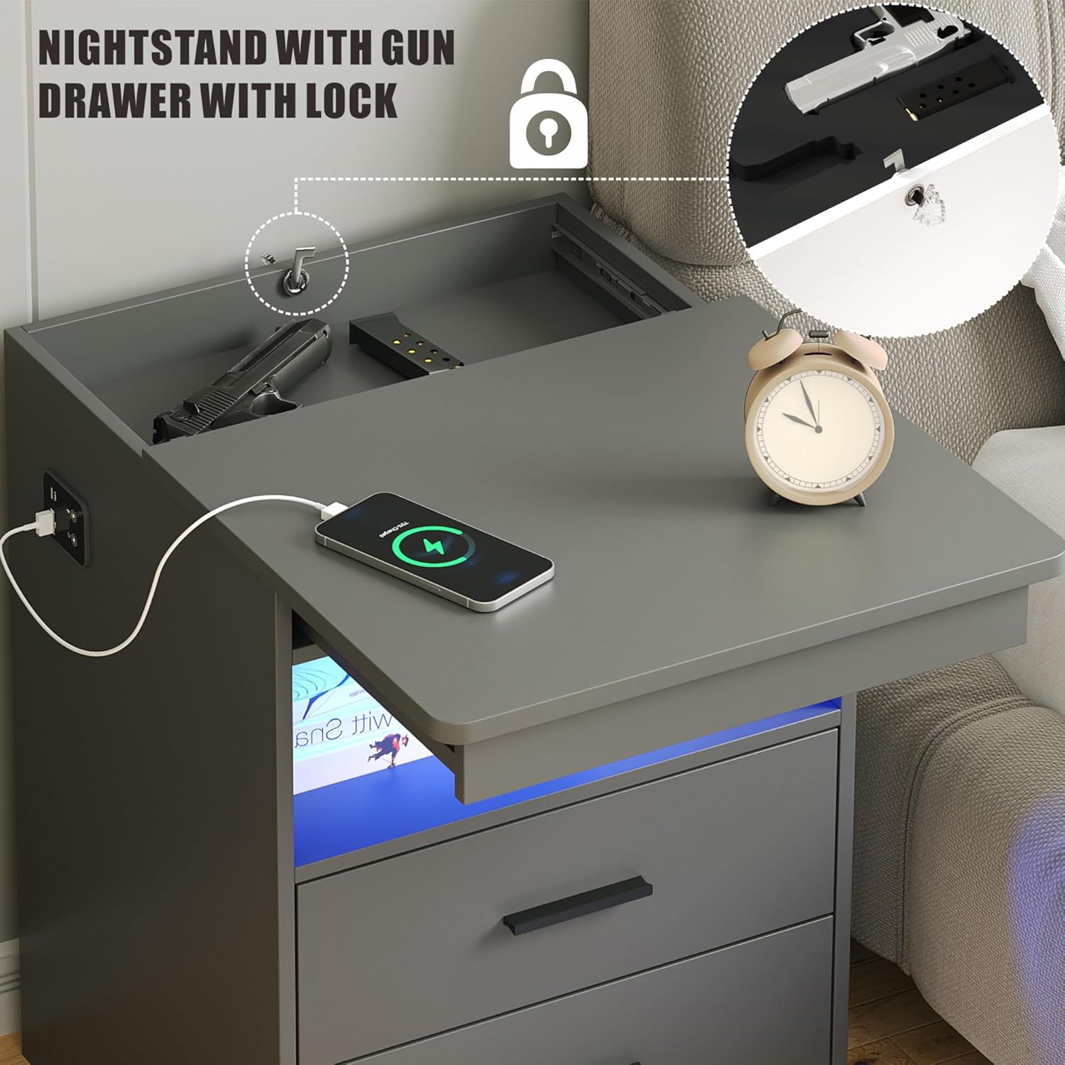 Nightstand with Gun Drawer, Charging Bedside Table with USB & Type-C Port, LED Night Stand with Human Sensor Light, Modern End Table with Drawers for Bedroom Office, Grey - Image 3
