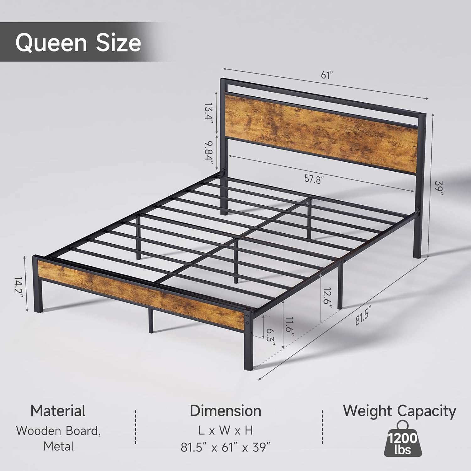 Z-hom Queen Bed Frame with Modern Wood Headboard & Footboard, Upgraded Heavy Duty Metal Sturdy Bed Frame Queen Size, Stable Platform Bed Furniture Bed Storage, No Noise, No Box Springs, Vintage Brown - Image 2