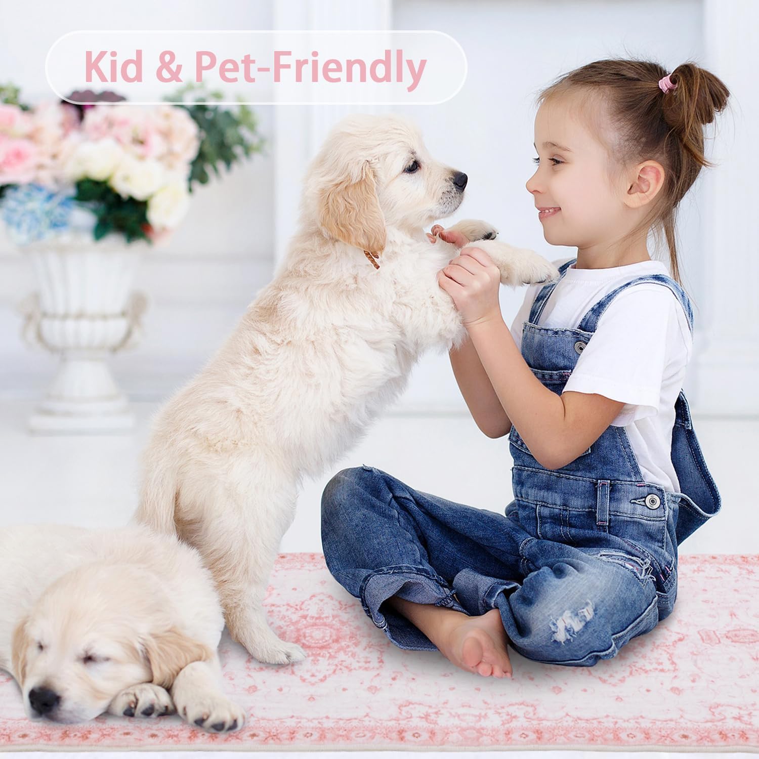 Area Rug - 5x7 Vintage Floral Honeycomb Non Slip Backing Carpet - Pink Softer Thicker Faux Wool Rug - Foldable & Machine Washable Rugs for Living Room Bedroom Nursery Room Home Office - Image 7