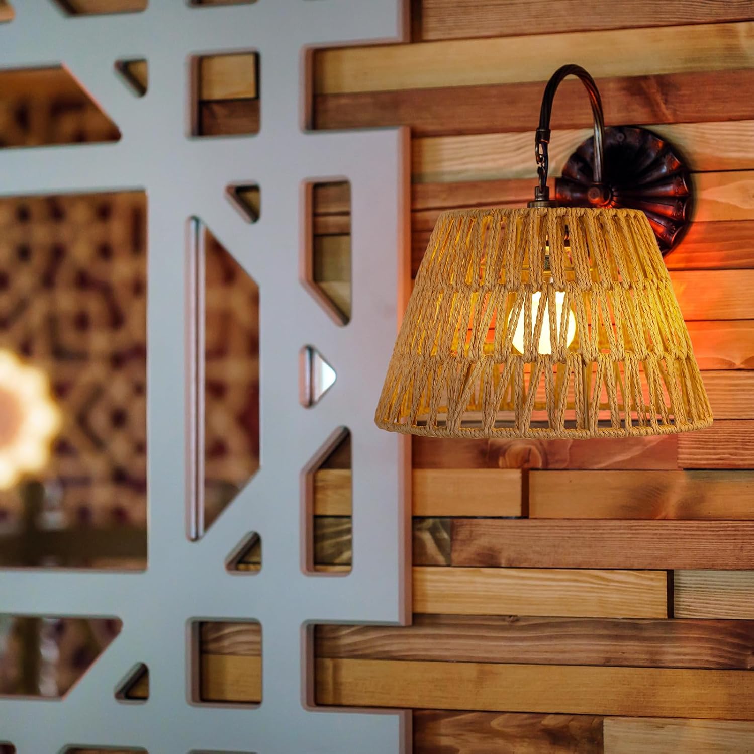 Large Lamp Shades Set of 2 Boho Rattan Shade Hand Woven Lampshade for Table Lamp Replacement Hand Crafted Farmhouse for Floor, Wall Sconce, 9.6 x 6.1 x 5.7Inch - Image 6