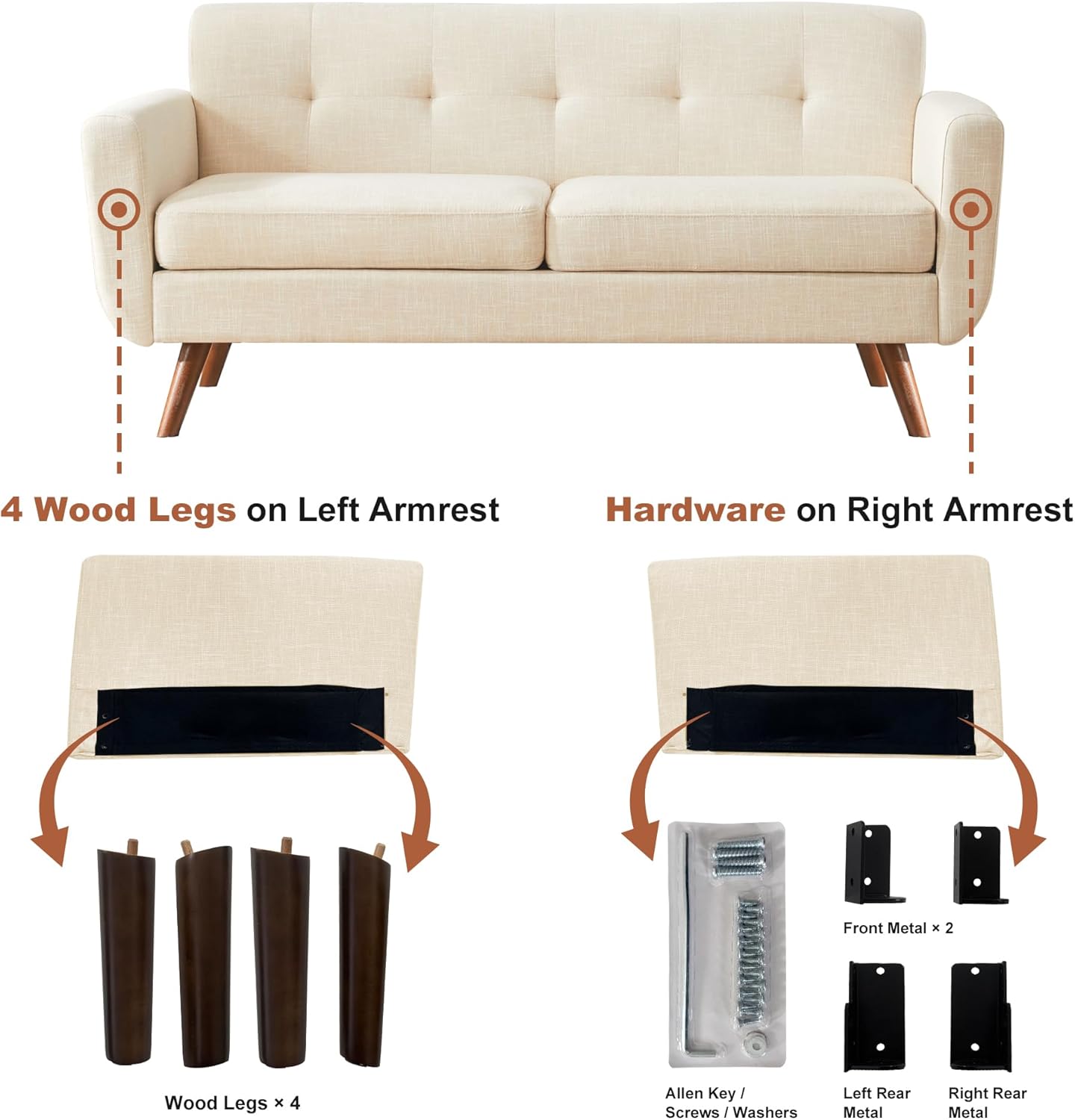 Tbfit 65" W Loveseat Sofa, Mid Century Modern Decor Love Seat Couches for Living Room, Button Tufted Upholstered Small Couch for Bedroom, Solid and Easy to Install Love Seats Furniture, Beige - Image 5