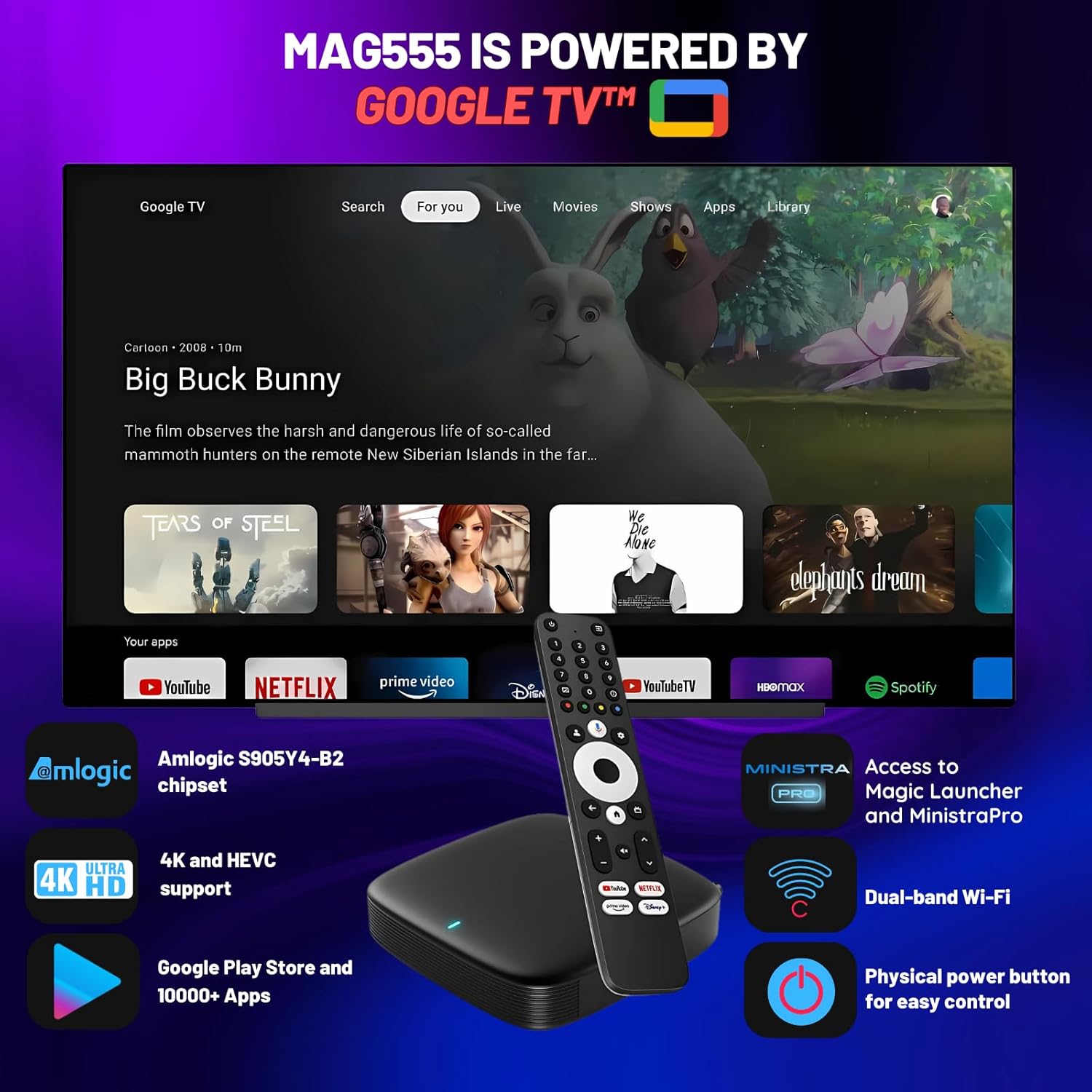 Raxxio MAG555 Google TV Box – 4K HDR Android TV Media Player with Google TV OS, Dual-Band Wi-Fi, Bluetooth 5.0, and Voice Remote with Google Assistant - Image 2