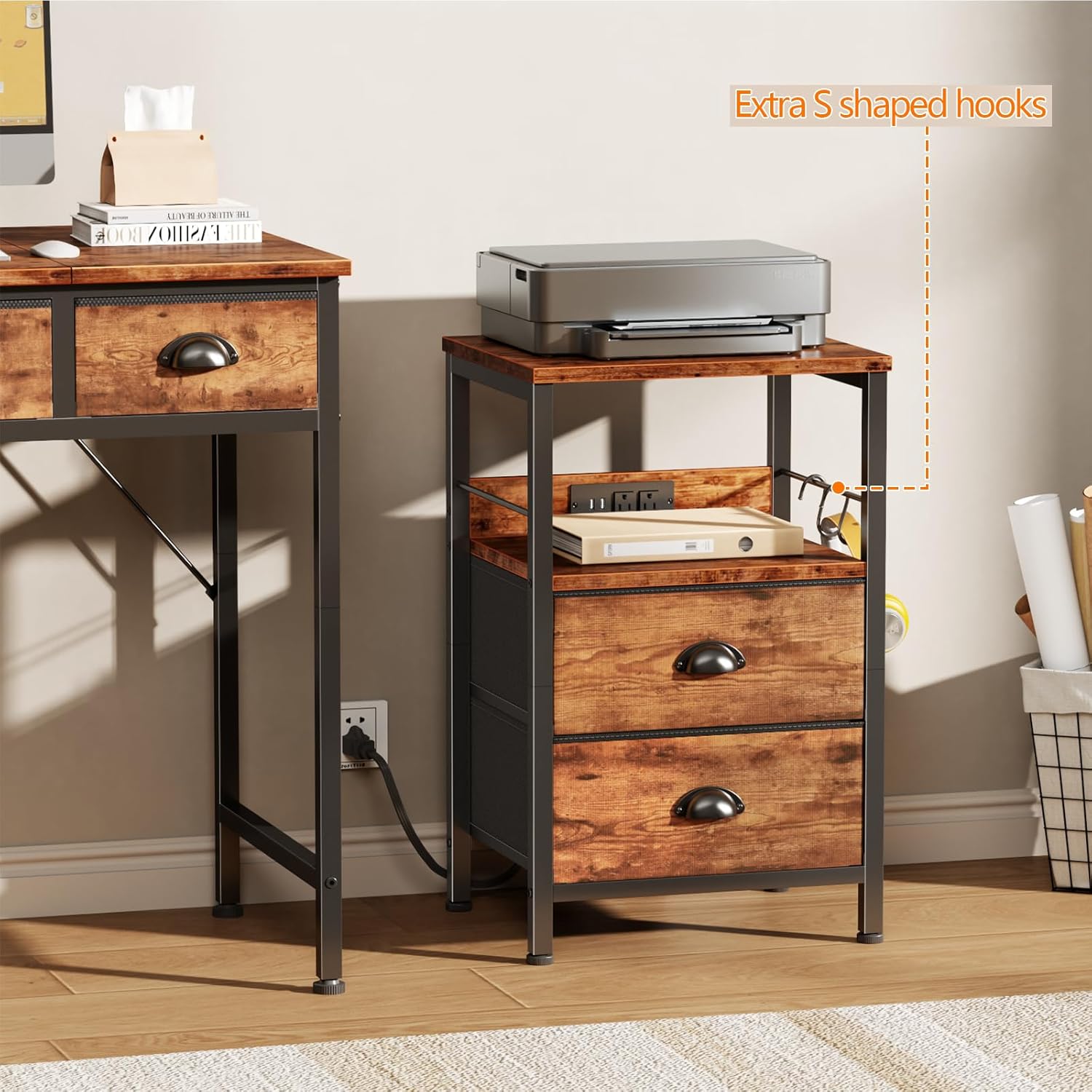 Furologee End Table with Charging Station, Nightstand with Fabric Drawers, Side Table with USB Ports & Outlets, Night Stand with Storage Shelf & Hooks, for Living Room/Bedroom, Rustic Brown - Image 7