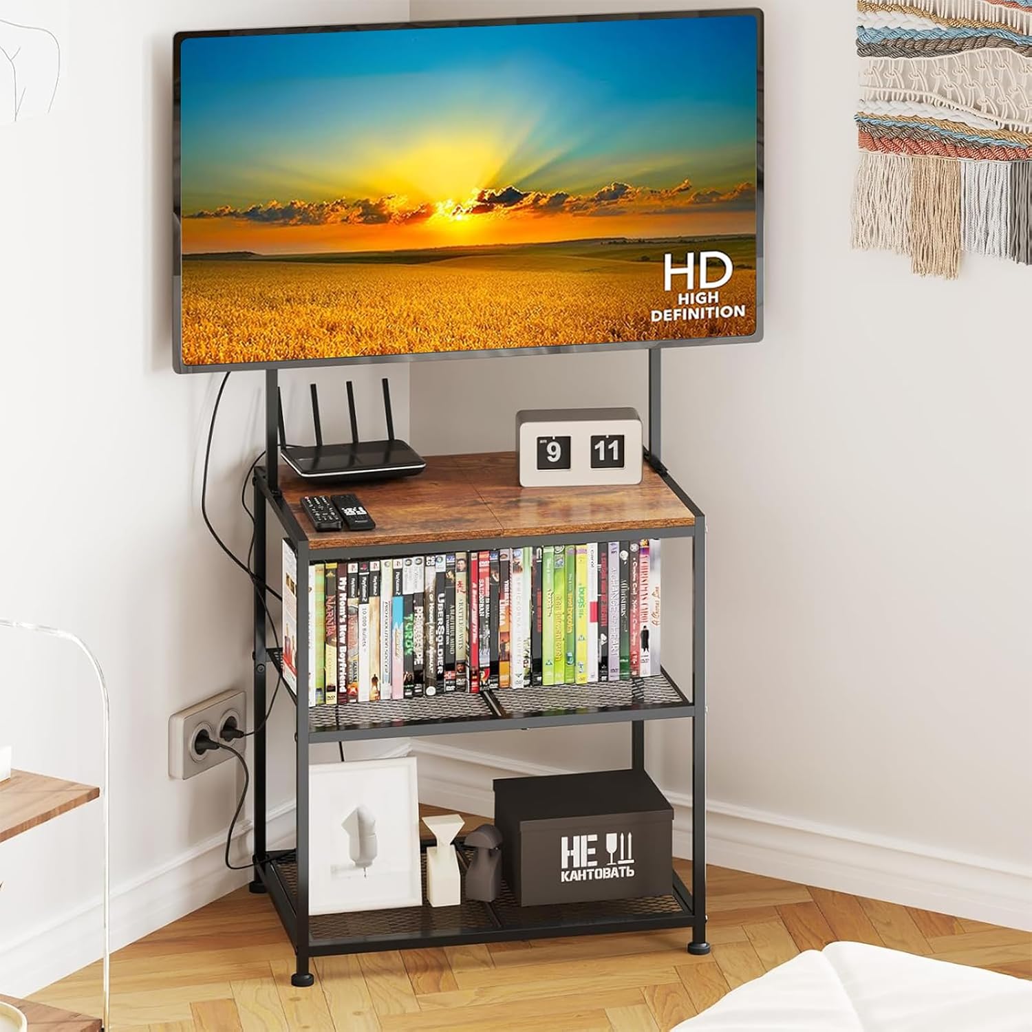 23 Inch to 50 Inch Floor Small Corner TV Stand with Storage Shelves for Living Room Bedroom, Universal Floor Television Stands with Mount, Rustic Brown Corner TV Table Desk Shelf for Small Space