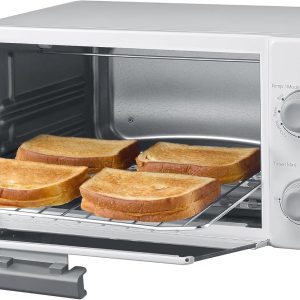 Dominion 4 Slice Small Toaster Oven Countertop, Retro Compact Design, Multi-Function with 30-Minute Timer, Bake, Broil, Toast, 1000 Watts, 2-Rack Capacity, White