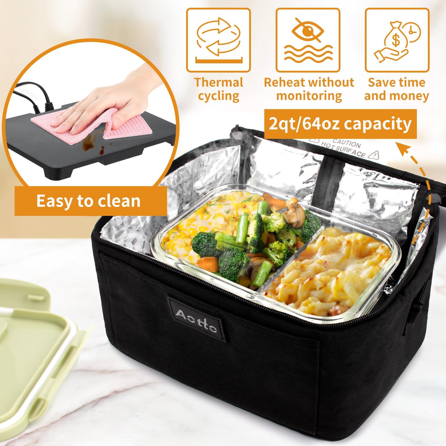 Aotto Portable Oven, Electric Lunch Box Food Heater - 12V/24V/110V 3-in-1 Car Food Warmer - Mini Personal Microwave Heated Lunch Box Warmer for Car, Truck, Travel, Office & Home Use - Black - Image 5