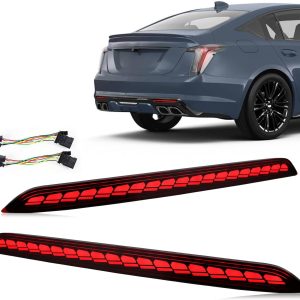 Red Lens LED Rear Reflector Bumper Fog DRL Tail Brake Light Assembly Compatible With Cadillac CT5 2020-2023 Sequential Turn Signal Feature Plug and Play (RED STYLE)