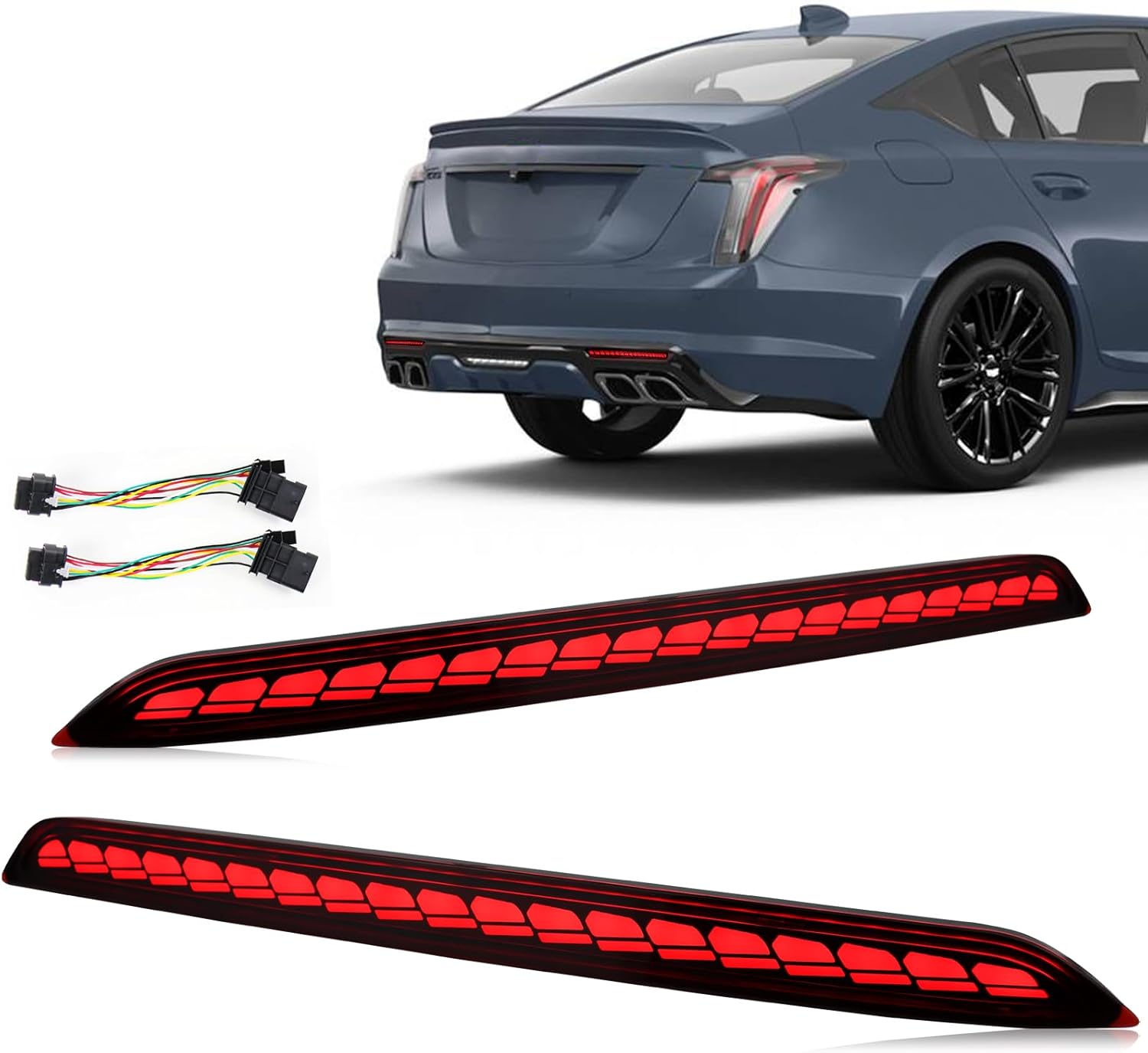 Red Lens LED Rear Reflector Bumper Fog DRL Tail Brake Light Assembly Compatible With Cadillac CT5 2020-2023 Sequential Turn Signal Feature Plug and Play (RED STYLE)