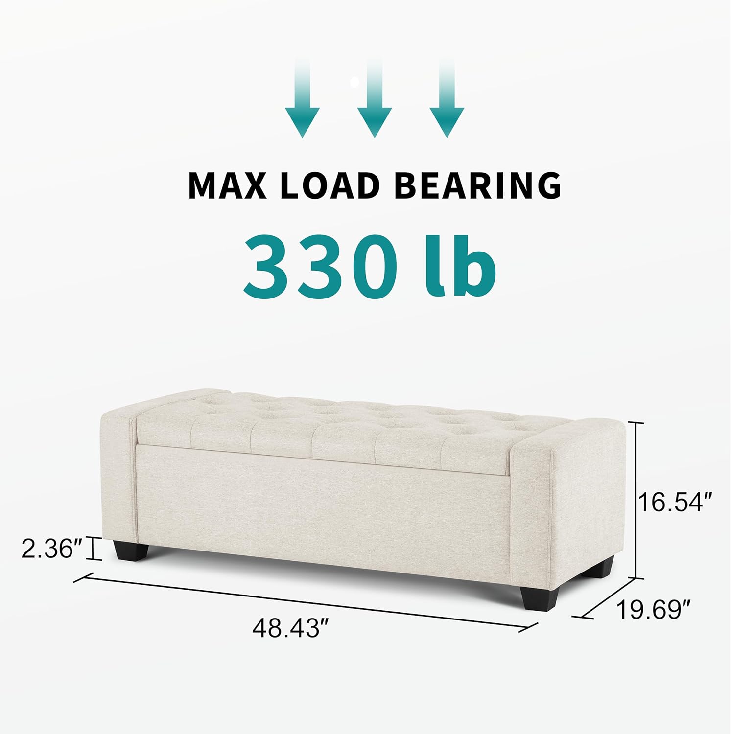 48" Ottoman with Storage, Storage Ottoman Bench with Safety Hinge, Upholstered Entryway Bench with Seating for Bedroom, Living Room, Holds up to 330 lb, Beige - Image 2