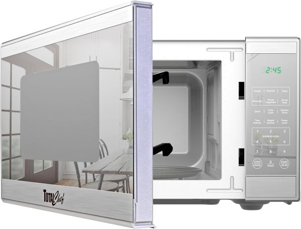 Total Chef Compact Countertop Microwave Oven, 1100W, 1.3 Cubic Feet Capacity, Digital Touchscreen Controls, One-Touch Push-Button Opening, 6 Pre-Set Cooking Modes, Silver Stainless Steel
