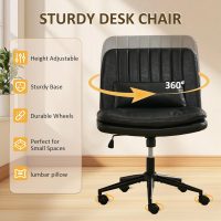 Criss Cross Chair with Wheels, PU Leather Armless Cross Legged Office Desk Chair, Adjustable Swivel Computer Task Vanity Chair with Lumbar Pillow for Home Office, Small Spaces (Black) - Image 3