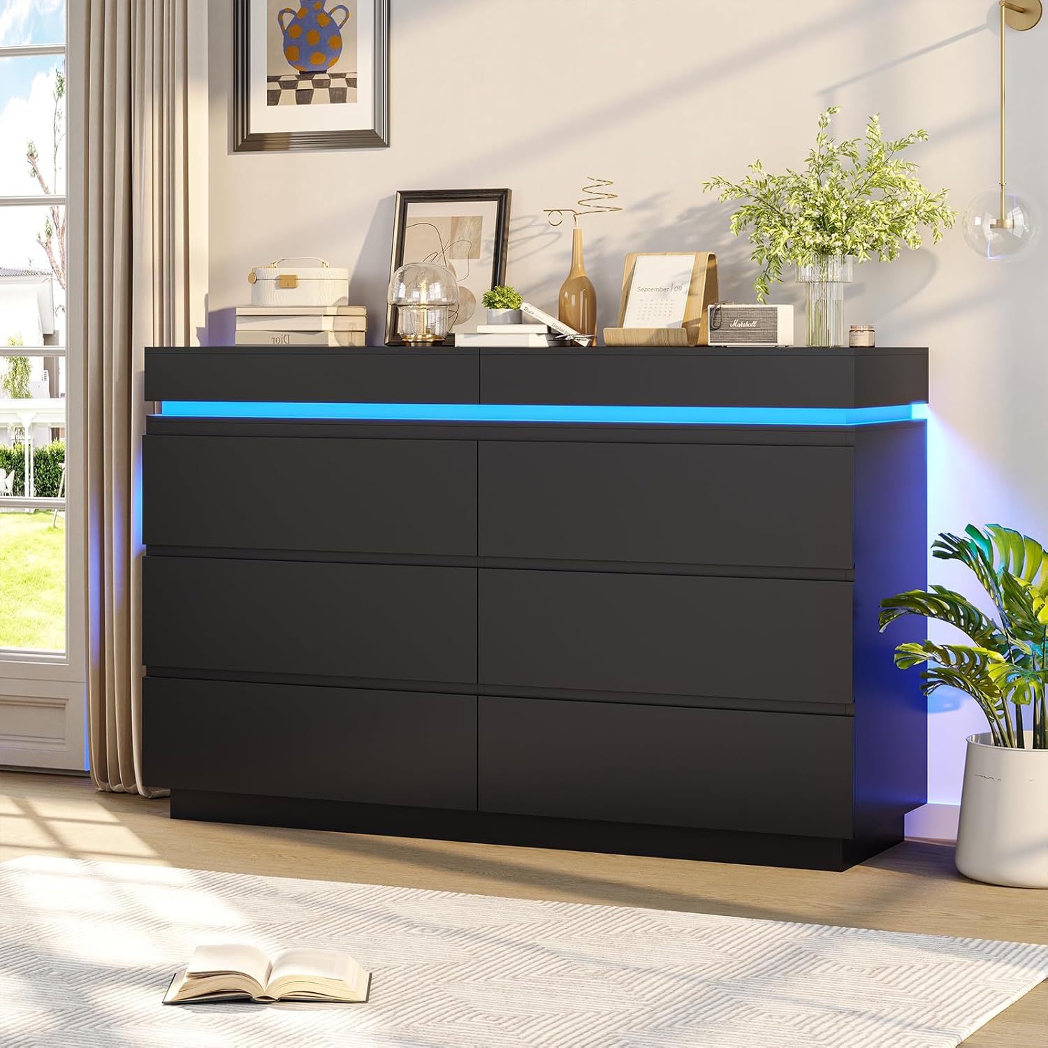 DICTAC Modern 6 Drawer Dresser with Sliding Desktop, Wide Chest of Drawers with Charging Station & LED Lights, Large Storage Tower Clothes Organizer, Black Dresser for Bedroom - Image 8