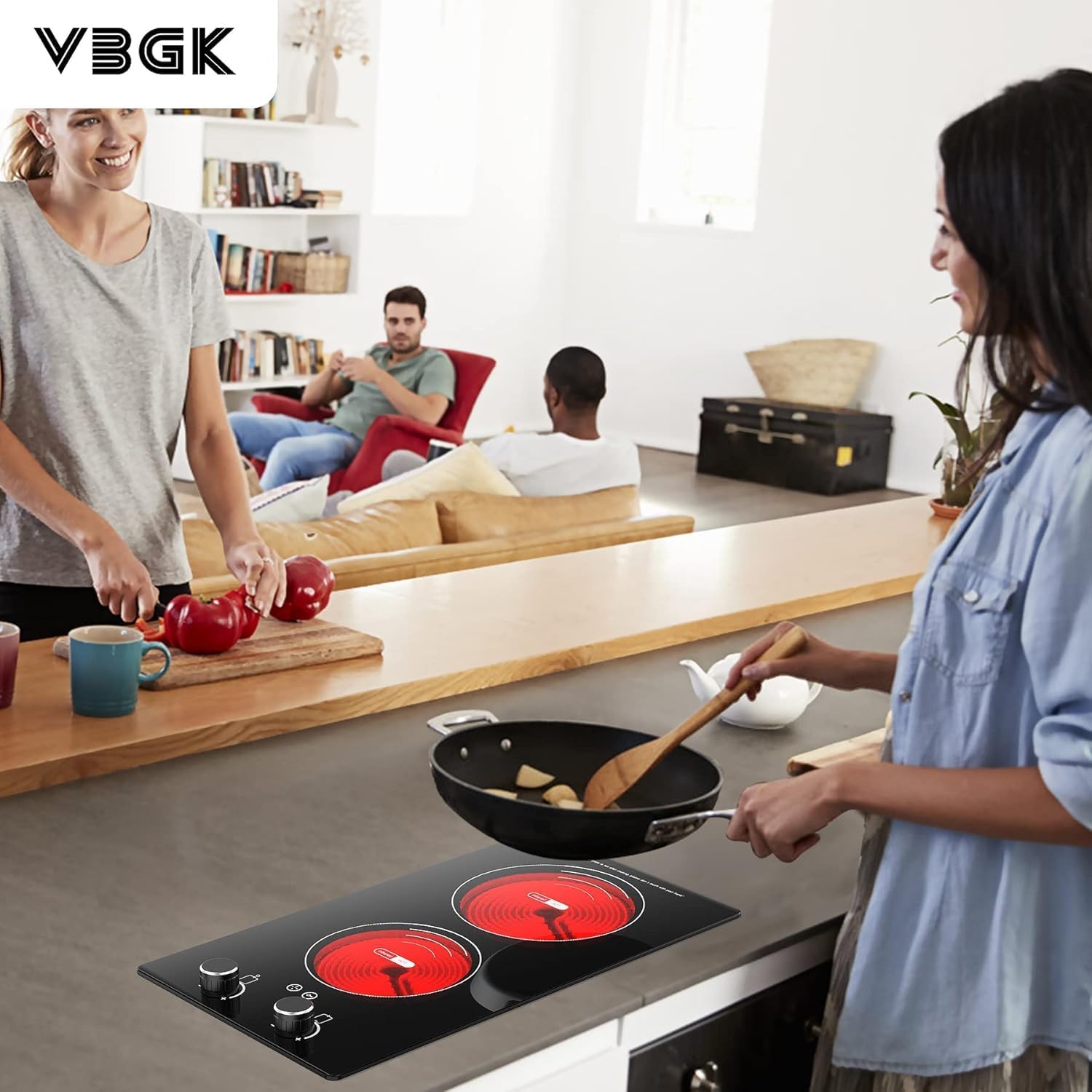 VBGK Electric Cooktop,110V 2400W Electric Stove Top with Knob Control,9 Power Levels, Kids Lock & Timer,LED touch control,Overheat Protection Electric stove,24 Inch desktop 2 burner - Image 2