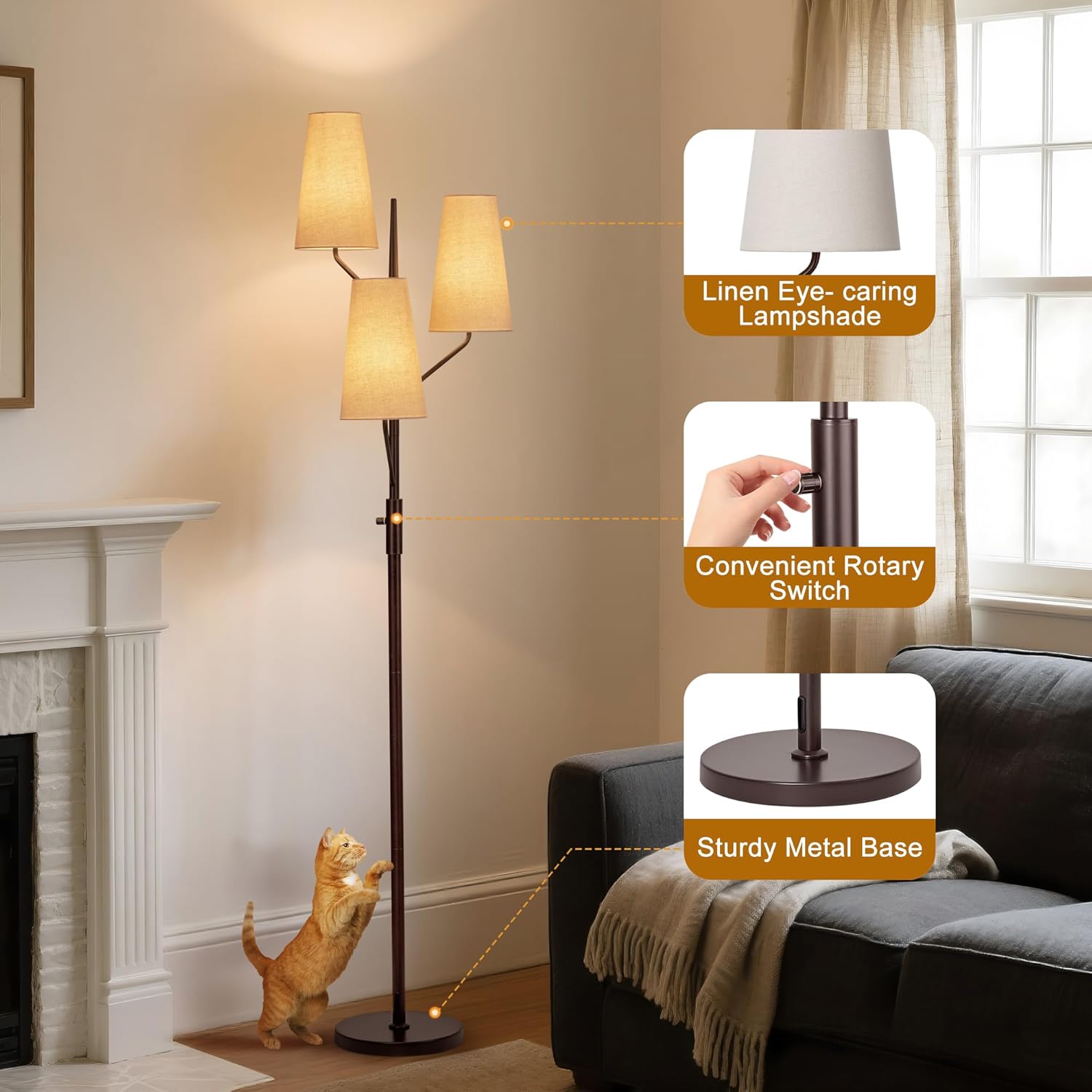 Floor Lamp for Living Room, 70" Tall Farmhouse Standing Lamp with Linen Shades, Industrial Rustic Tree Floor Lamps for Bedroom, Office and Dining Room(Bulb Not Included) - Image 3