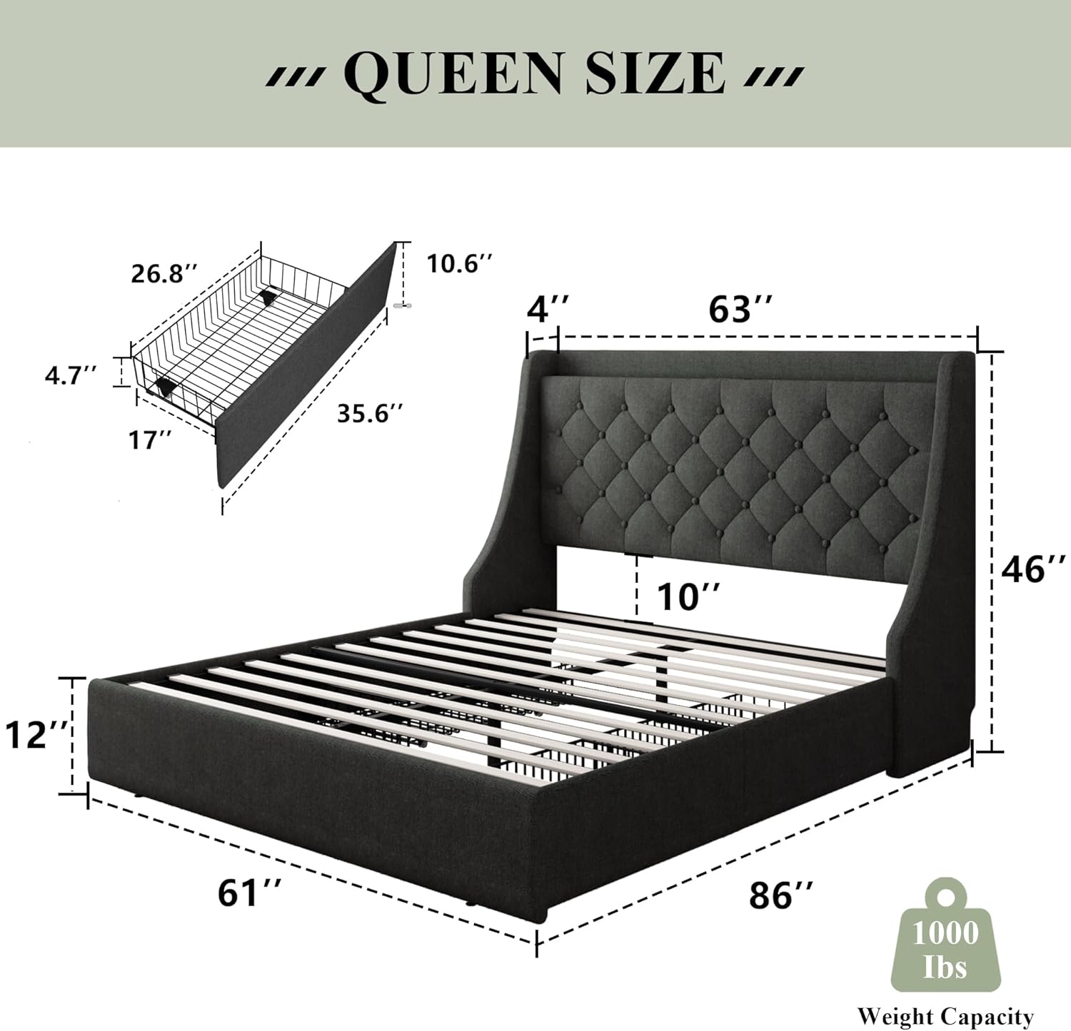 Feonase Queen Bed Frame with 4 Storage Drawers, Upholstered Storage Bed with Charging Station, Tufted Wingback Headboard, No Box Spring Needed, Dark Grey - Image 7