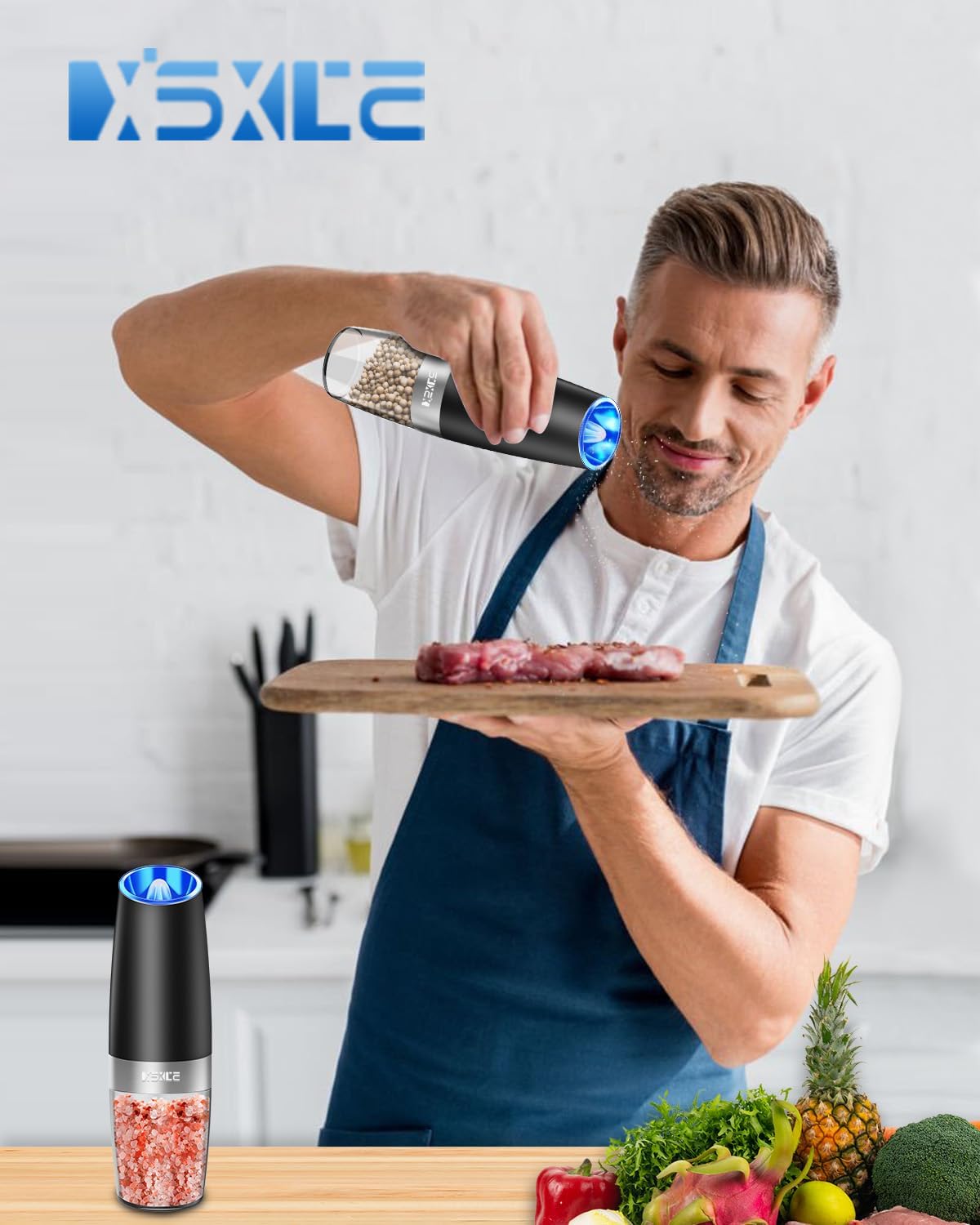 XinXu Gravity Electric Pepper and Salt Grinder Set, Adjustable Coarseness, Battery Powered with LED Light, One Hand Automatic Operation, Black -2 Pack - Image 6