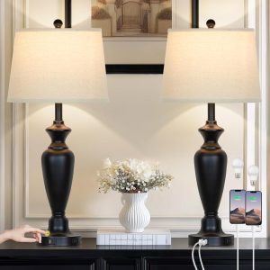 30" Tall Table Lamps Set of 2, Touch Control Bedside Lamp with USB A+C Ports and AC Outlet, 3-Way Dimmable Modern Metal Nightstand Lamp for Bedroom Living Room, 2 LED Bulbs Included, Black