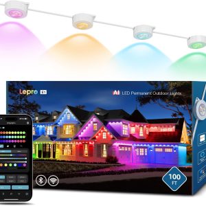 Lepro E1 AI Permanent Outdoor Lights APP Control, 100ft 60 LED Smart RGB+IC+Warm/Cool White House Eave Light for Halloween Christmas, Alexa Google Enabled, 2.4 GHz WiFi/Bluetooth, NO Remote Controller