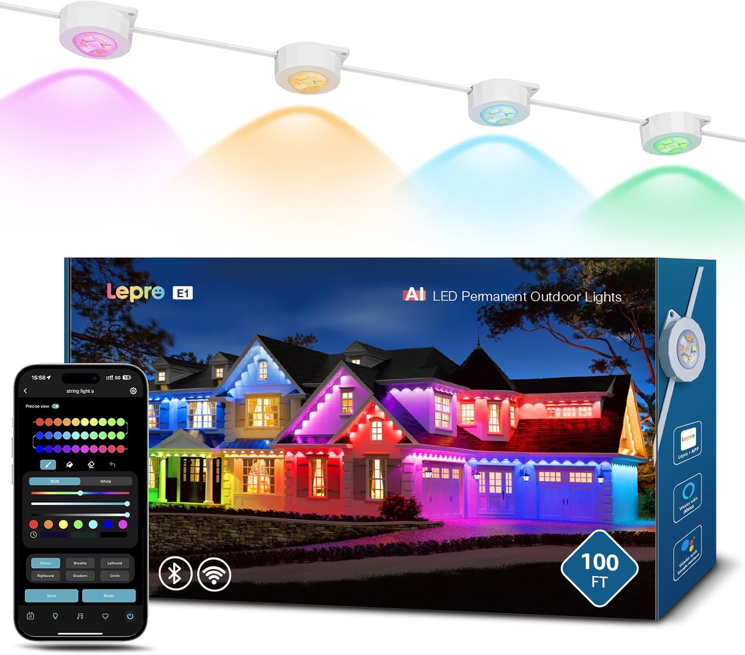 Lepro E1 AI Permanent Outdoor Lights APP Control, 100ft 60 LED Smart RGB+IC+Warm/Cool White House Eave Light for Halloween Christmas, Alexa Google Enabled, 2.4 GHz WiFi/Bluetooth, NO Remote Controller