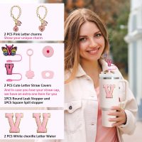 XIANGYUAN 9pcs Cup Accessories Set,Straw Cover Cap for Stanley 30oz,40oz,Sticker for Stanley Decorations,Initial Letter Charm Personalized(Letter V) - Image 2
