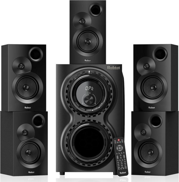 Bobtot Surround Sound Systems 1400 Watts Peak Power Home Theater Speakers - 12" Subwoofer Strong Bass 5.1 Wired Loud Stereo Audio System with Bluetooth HDMI ARC Optical Input for TV