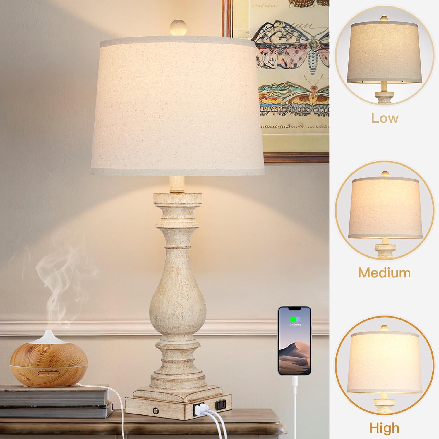 29" Tall Table Lamp for Living Room Set of 2,Vintage Bedside Nightstand Lamps with USB C+A Ports & AC Outlet,3-Way Dimmable Touch Control Desk Lamp for Bedroom,Color 1 - Image 2