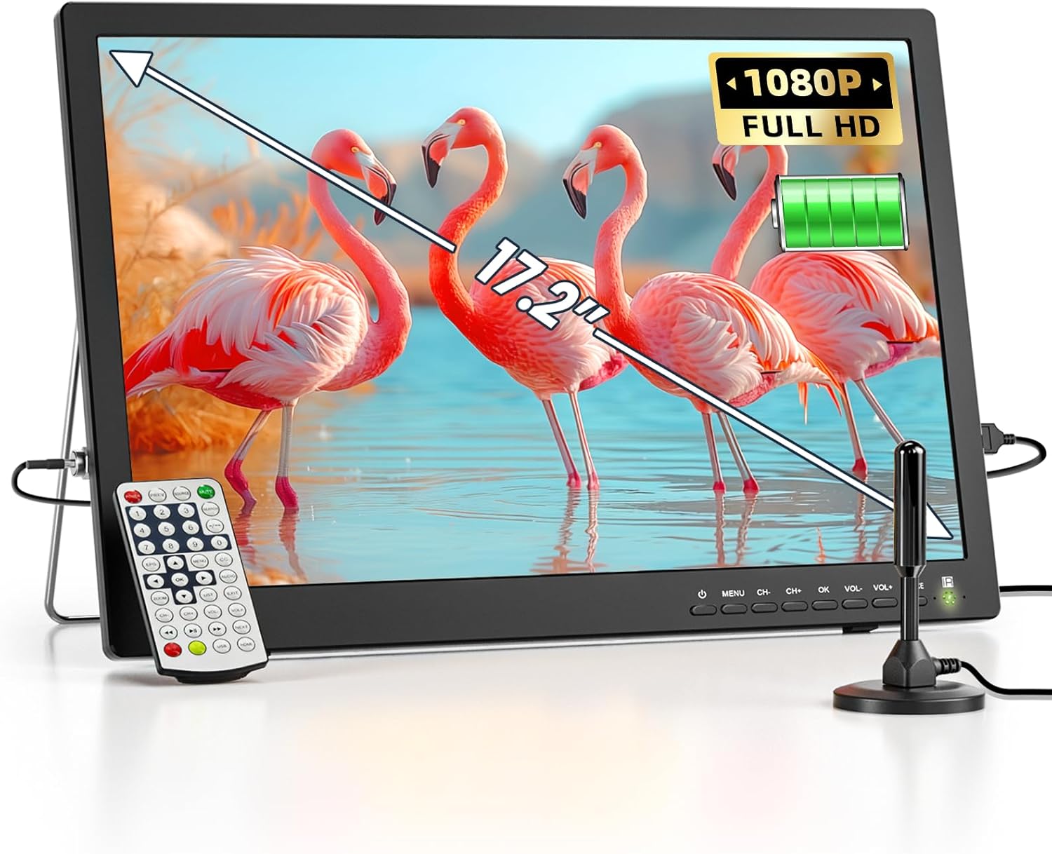 NORTHING 17.2″ Portable TV for Camping, 7000mAH Built-in Powered TV with Antenna/USB/HDMI/AV Input, 12V Small T V for Camping Bedroom Kitchen RV Patio Car Power Outage, Sleep Timer