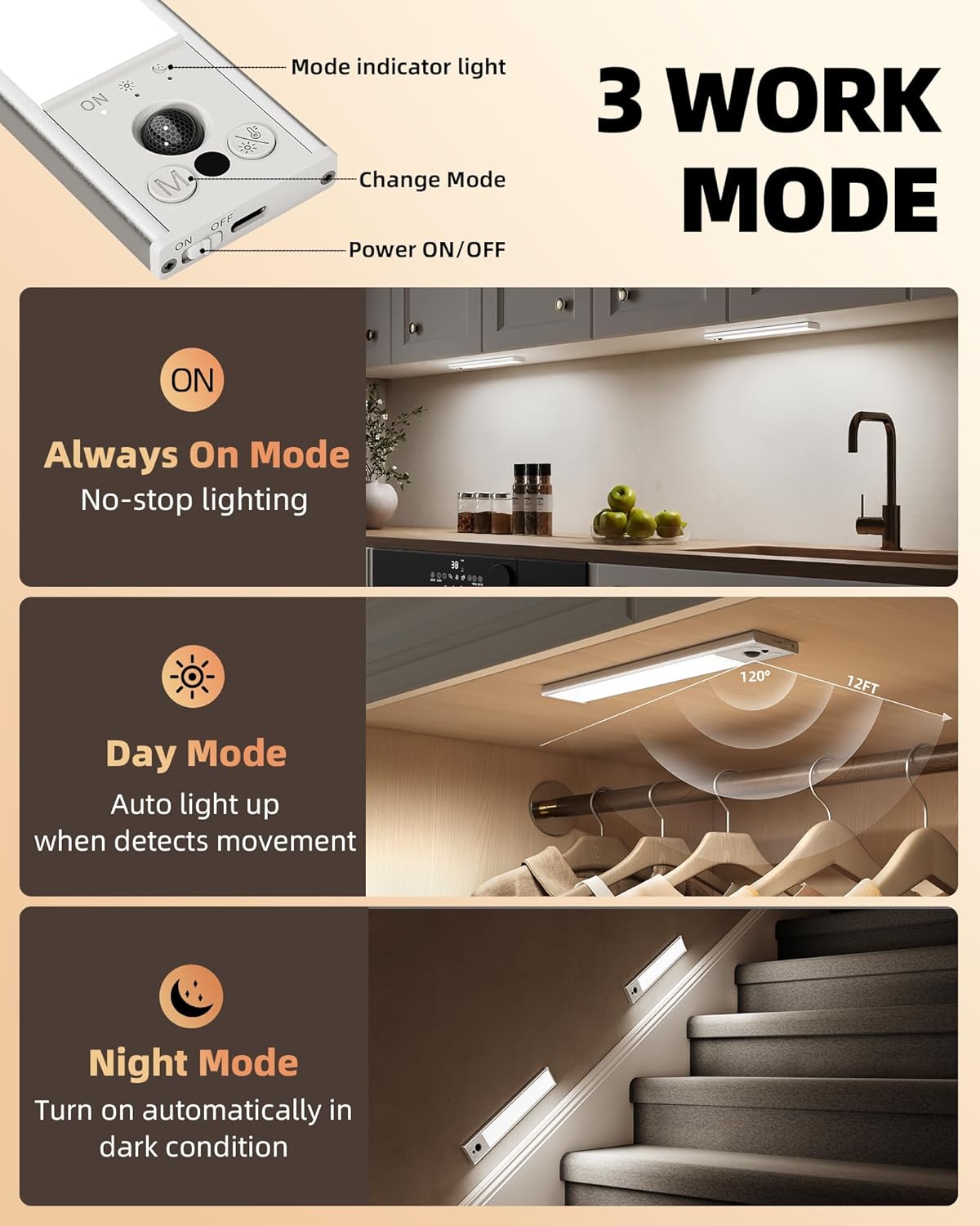 EZVALO 10inch Under Cabinet Lighting, LED Motion Sensor Light Indoor, 2400mAh USB Rechargeable Closet Lights, Dimmable & Magnetic Wireless Under Counter Lights for Kitchen, Pantry, Stairs (2 Pack) - Image 5