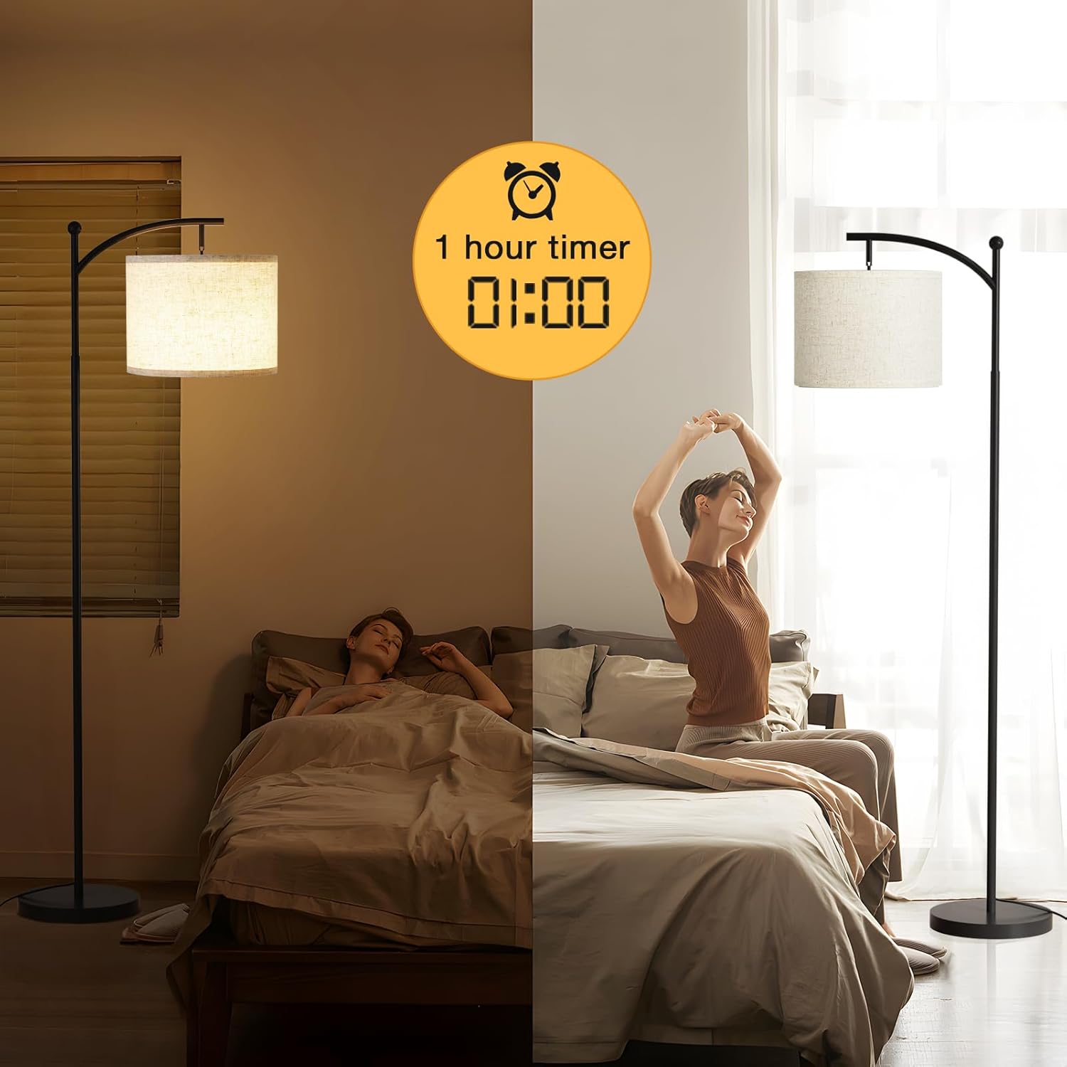 Ambimall 60" Floor Lamp with Remote Control and Stepless Dimmable Bulb, Colors Temperature & Brightness Adjustable, Modern Floor Lamps for Living Room(Beige Shade & Black Pole) - Image 5