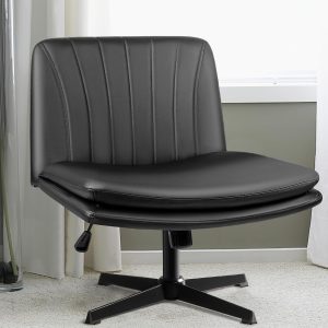 LEMBERI PU Leather Armless Office Desk Chair No Wheels,Criss Cross Legged Office Chair, Wide Padded Swivel Vanity Chair,Mid Back Ergonomic Computer Task Chair for Make Up,Small Space,Gray