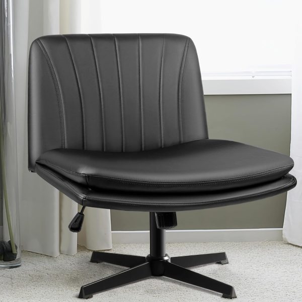 LEMBERI PU Leather Armless Office Desk Chair No Wheels,Criss Cross Legged Office Chair, Wide Padded Swivel Vanity Chair,Mid Back Ergonomic Computer Task Chair for Make Up,Small Space,Gray