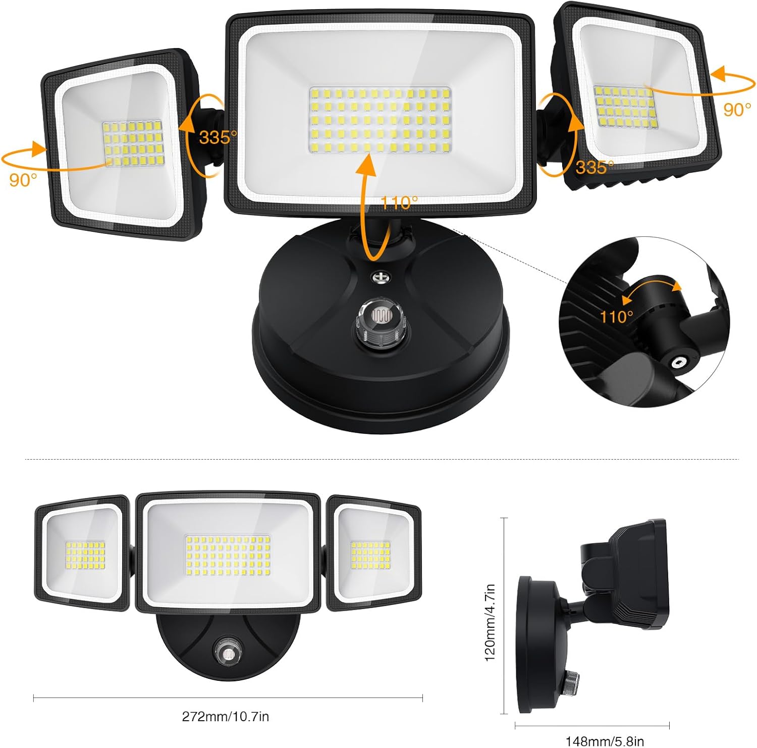 Onforu 55W LED Dusk to Dawn Flood Lights, 6000LM Black Exterior Security Outdoor Lighting,IP65 Waterproof Outdoor 3 Adjustable Heads Photocell Light Fixture,6500K Floodlight for Garage,Patio,Yard - Image 8