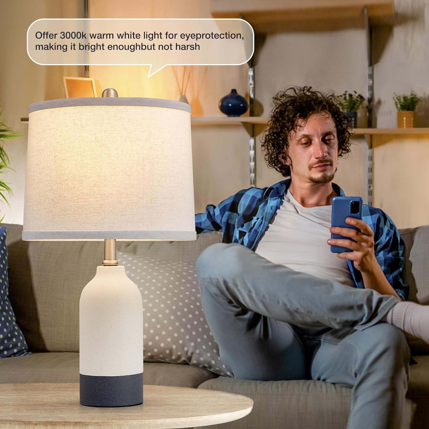 Luvkczc Modern Ceramic Lamps for Bedrooms Set of 2, 3-Color Temperature Table Lamp Bedside Nightstand Desk Reading Lamp with Fabric Drum Shade for Bedroom, Living Room, 2 Bulbs Included (21.4") - Image 5