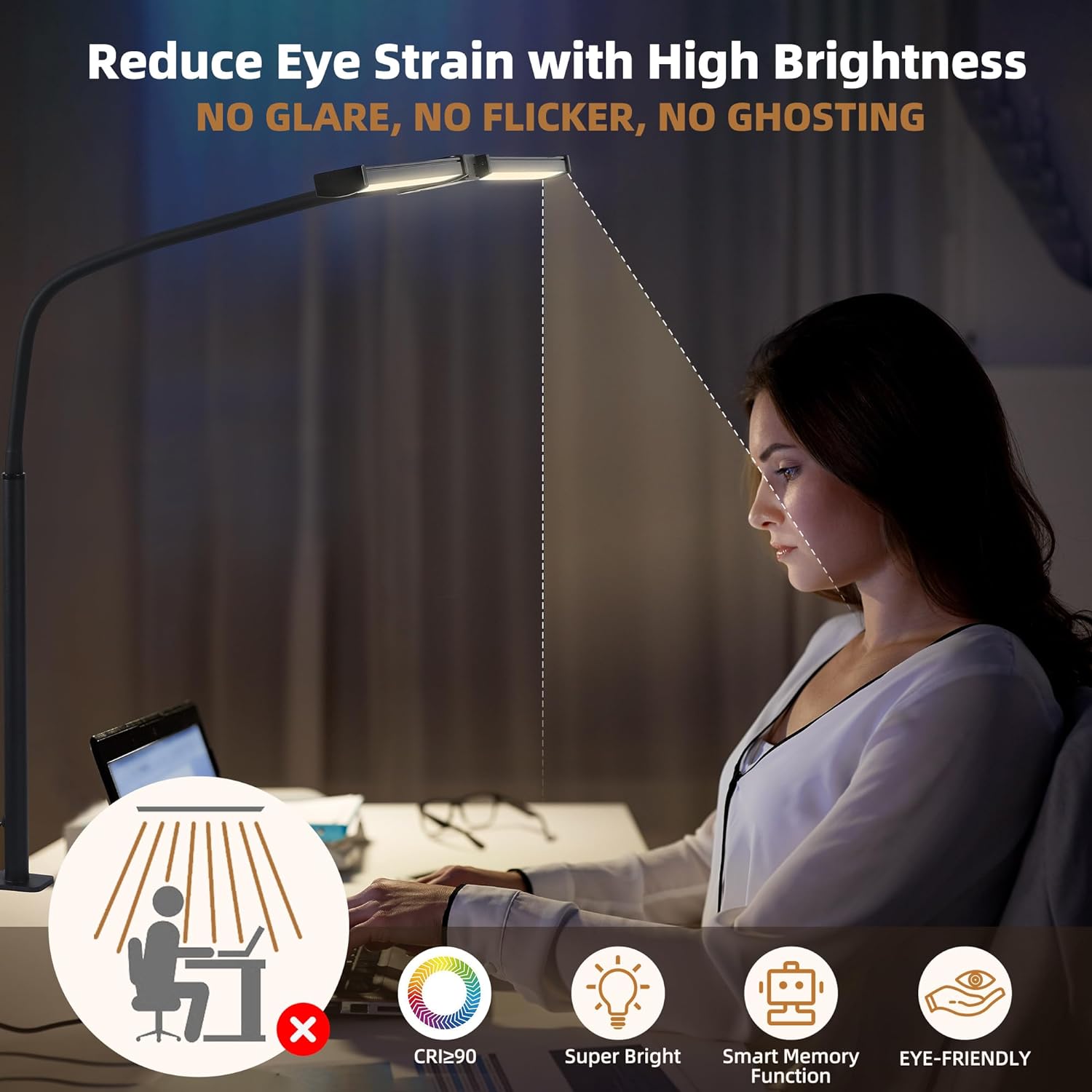 Led Desk Lamp for Home Office, Eye-Care Architect Light with Clamp, Smart Double Head Computer Monitor Table Clip Lamp, Adjustable Flexible Gooseneck, 25 Lighting Models, Task Lamp, Black - Image 4