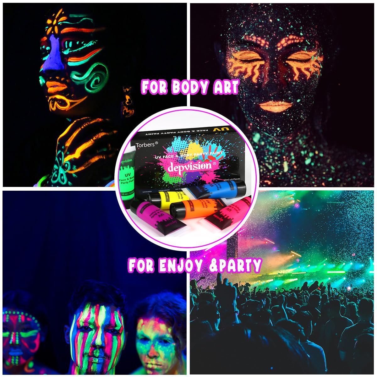 Depvision Glow in the Dark UV Face and Body Paint 6*10ml Neon Blacklight 0.34oz Reactive Fluorescent for Christmas Halloween Party Non-toxic - Image 3