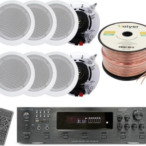 Vaiyer Home Theater System Kit, 6-Channel 6000 Watts Bluetooth Amplifier with 5.25" 8 Qty of 175 W Each in-Wall in-Ceiling Speakers & 16 Gauge 500 ft. Speaker Wire Surround Sound System