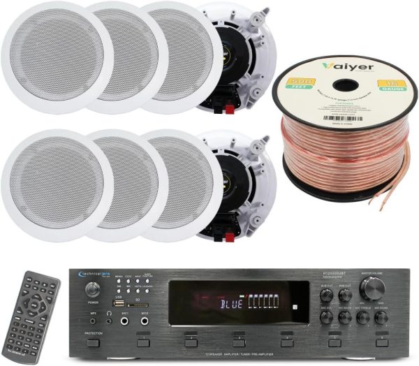 Vaiyer Home Theater System Kit, 6-Channel 6000 Watts Bluetooth Amplifier with 5.25" 8 Qty of 175 W Each in-Wall in-Ceiling Speakers & 16 Gauge 500 ft. Speaker Wire Surround Sound System