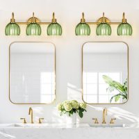 Bathroom Light Fixtures (3-Light, 20 in), Brushed Gold Vanity Lights for Bathroom with Ribbed Green Tulip Glass Shade, Vintage Vanity Wall Lights for Mirror Bedroom Living Room Hallway - Image 7