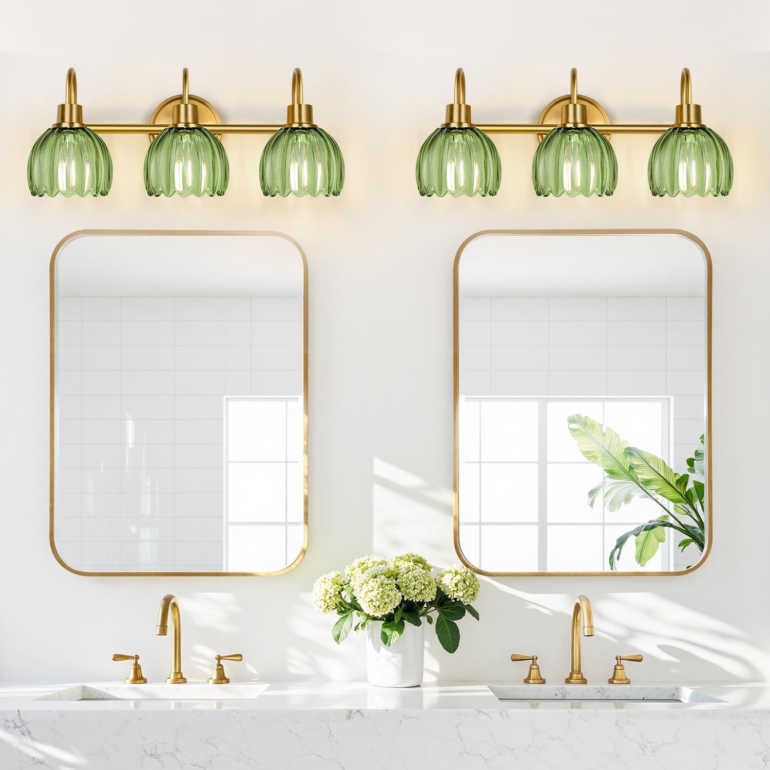 Bathroom Light Fixtures (3-Light, 20 in), Brushed Gold Vanity Lights for Bathroom with Ribbed Green Tulip Glass Shade, Vintage Vanity Wall Lights for Mirror Bedroom Living Room Hallway - Image 7