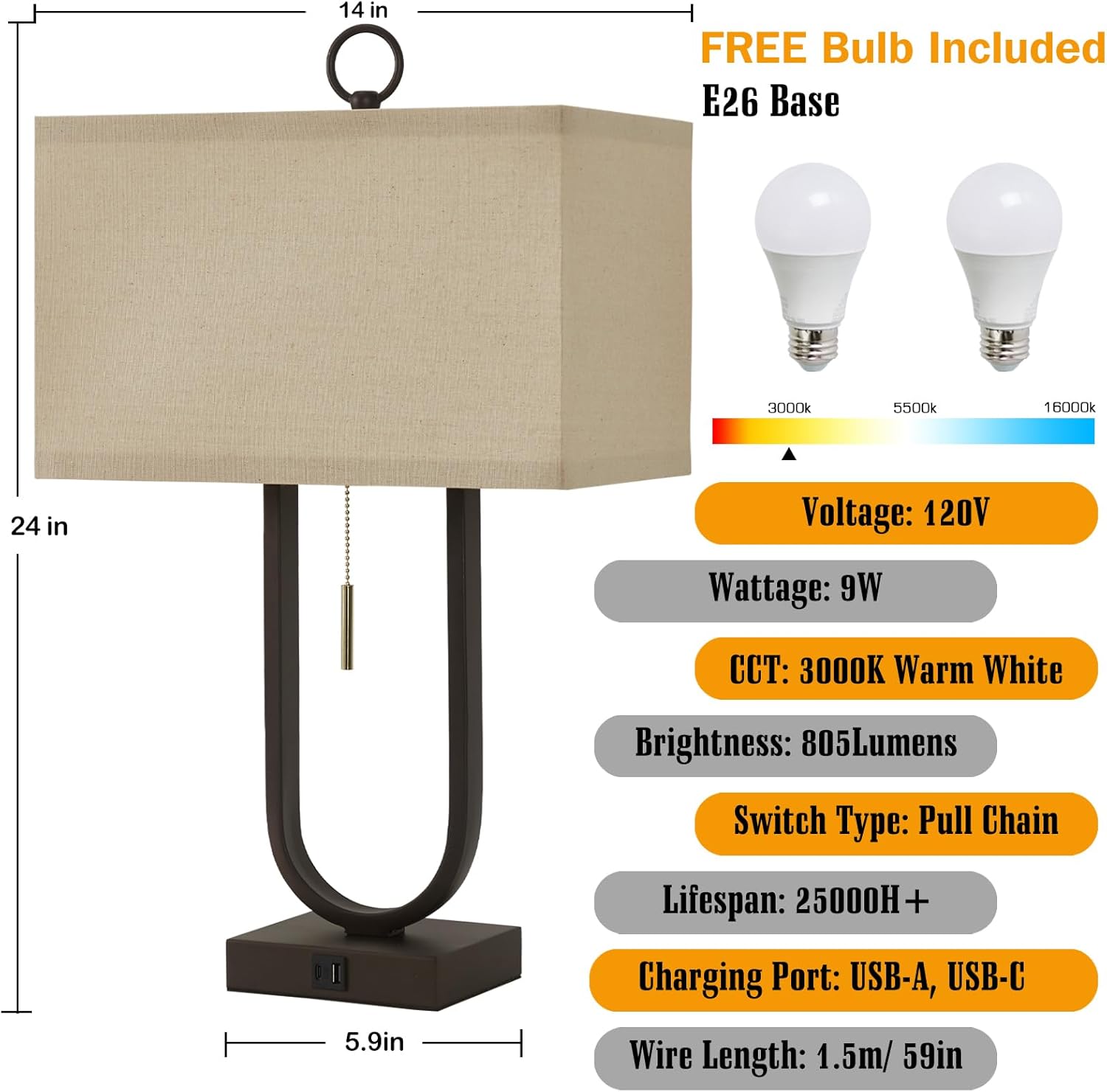 Luvkczc Bedside Lamps Set of 2, 24'' Tall Table Lamps for Night Stands with USB C+A Ports, 3000K LED Bulbs - Modern Desk Lamp for Bedroom, Living Room, Office, Beige Lampshade - Image 4