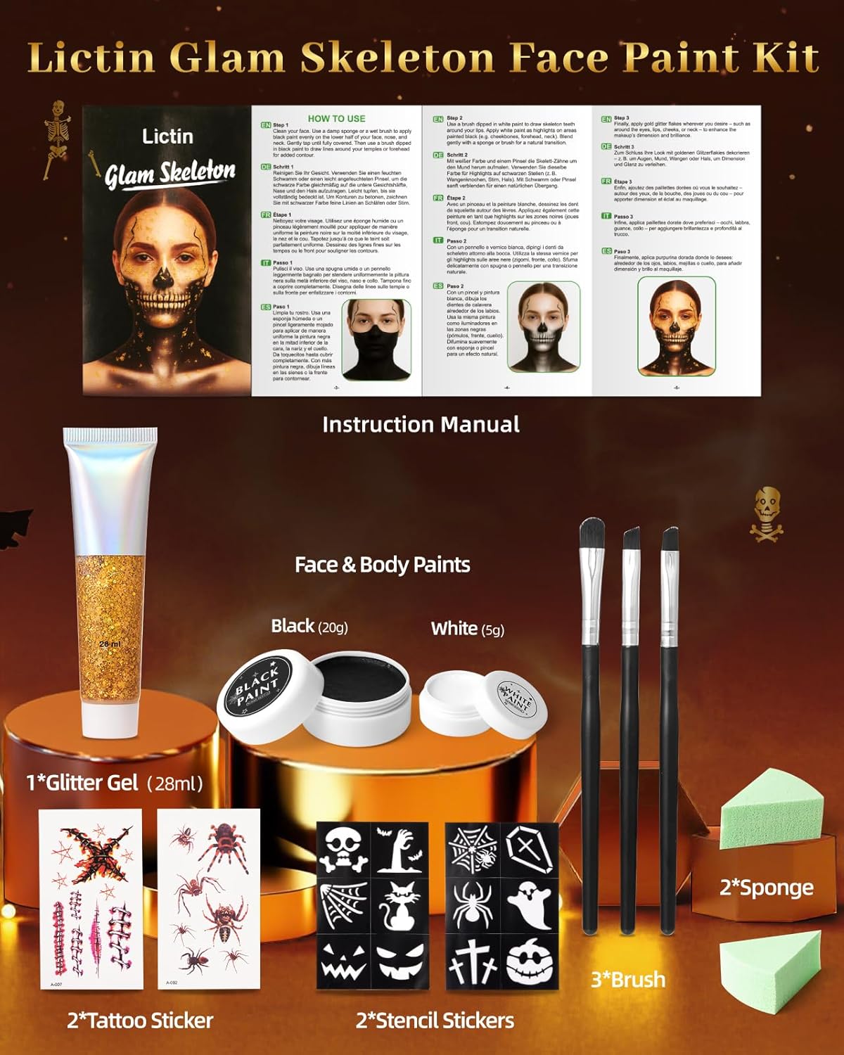 Halloween Glam Skeleton Makeup Kit - Lictin Complete Skeleton/Skull Face Paint with Gold Glitter Gel, Professional Skull SFX Make Up Kit for Halloween, Costume, Cosplay, Carnivals for Adults & Kids - Image 9