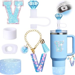 Mity rain 6PCS Blue Cup Accessories for Stanley - Initials Decorations for Stanley Cup 30oz 40oz Tumblers with Handle, Cute and Girlie Gift (V)