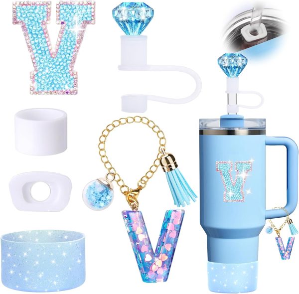 Mity rain 6PCS Blue Cup Accessories for Stanley - Initials Decorations for Stanley Cup 30oz 40oz Tumblers with Handle, Cute and Girlie Gift (V)