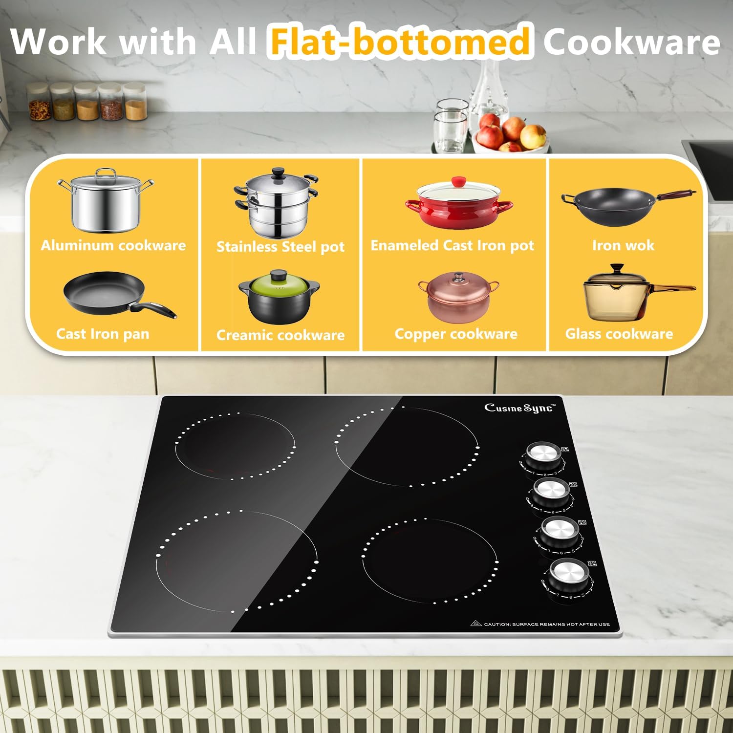 24 Inch Electric Cooktop, 4 Burner Ceramic Stove with 9 Power Levels, Knob Control, Auto shutdown and Residual Heat Warning, 6000W, 220-240V for Hard Wire - Image 9