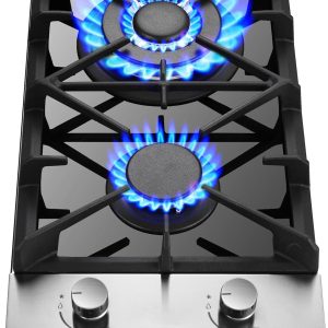 2 Burner Gas Cooktop, 12 inch LPG/NG Dual Fuel Built-in Gas Stove Top, Black Tempered Glass Stove, Propane Cooktop for Apartment, Outdoor, RV, With Thermocouple Protection