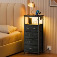 Furnulem Dresser for Bedroom, Tall Nightstand, Vertical Chest with Wood Top, Charging Station, LED Lights, 5 Fabric Bins, Bedside Table with Shelf, Furniture for Entryway (5 Drawer, Black Oak) - Image 2