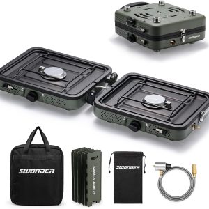 Swonder Portable 2-Burner Camping Stove with Windscreen - 17,500 BTU Propane Stove, Foldable Design, Adjustable Flame Control, Stainless Steel Construction, Includes Waterproof Carry Bag