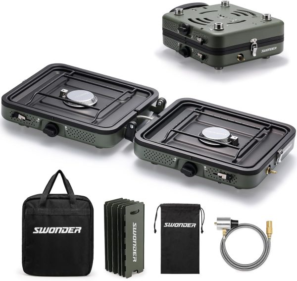 Swonder Portable 2-Burner Camping Stove with Windscreen - 17,500 BTU Propane Stove, Foldable Design, Adjustable Flame Control, Stainless Steel Construction, Includes Waterproof Carry Bag