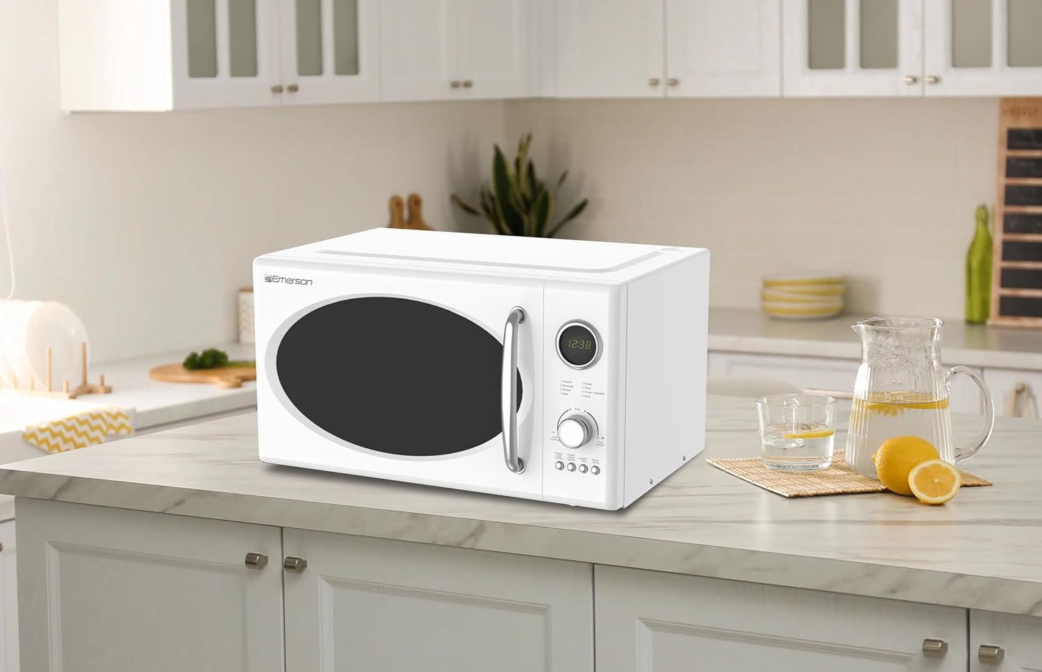 Emerson MWRG0901W 0.9 Cu. Ft. Retro Microwave with 1,000W Grill Function, 800W Cooking Power, LED Display, 5 Power Levels, 8 Auto Menus, Glass Turntable, Child Lock, White Countertop Design - Image 8